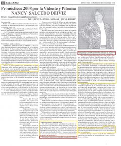 pronosticos 2008 por la vidente y pitonisa nancy salcedo deiviz ENERO 2008